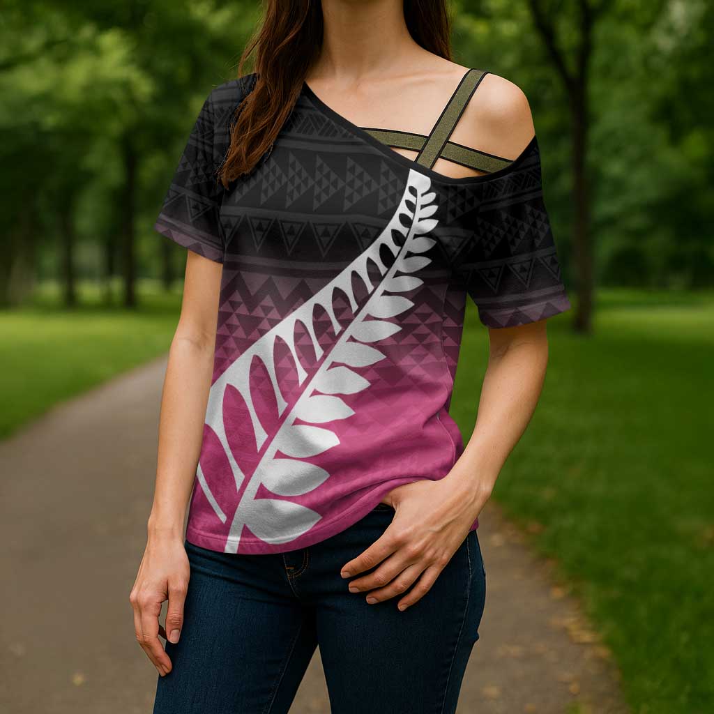 Pink Silver Fern Spirit Taniko Tukutuku Personalised Cross Shoulder Shirt - Aussie Hoodie