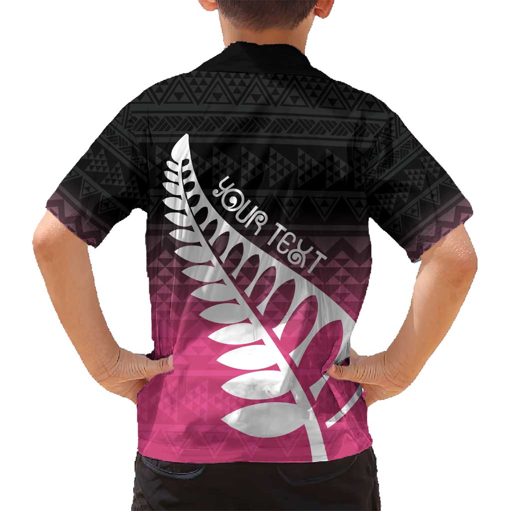 Pink Silver Fern Spirit Taniko Tukutuku Personalised Family Matching Off Shoulder Short Dress and Hawaiian Shirt