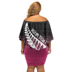 Pink Silver Fern Spirit Taniko Tukutuku Personalised Family Matching Off Shoulder Short Dress and Hawaiian Shirt
