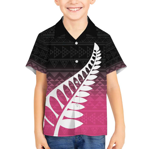 Pink Silver Fern Spirit Taniko Tukutuku Personalised Family Matching Off Shoulder Short Dress and Hawaiian Shirt