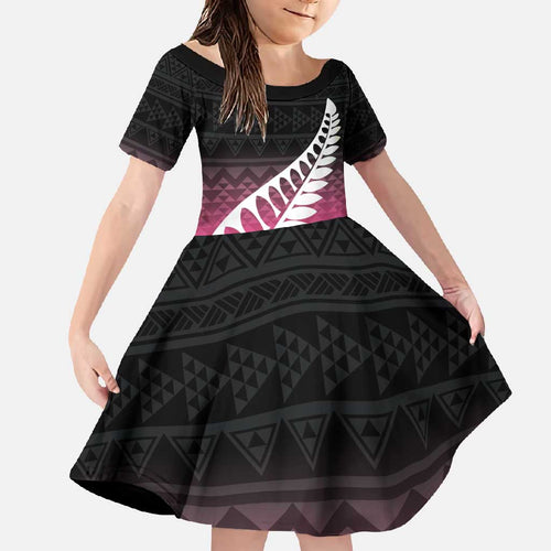 Pink Silver Fern Spirit Taniko Tukutuku Personalised Family Matching Short Sleeve Bodycon Dress and Hawaiian Shirt