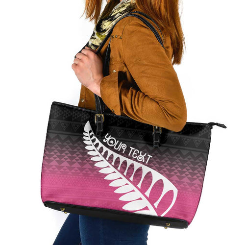 Pink Silver Fern Spirit Taniko Tukutuku Personalised Leather Tote Bag