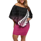 Pink Silver Fern Spirit Taniko Tukutuku Personalised Off Shoulder Short Dress