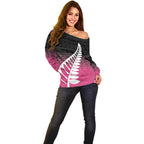 Pink Silver Fern Spirit Taniko Tukutuku Personalised Off Shoulder Sweater