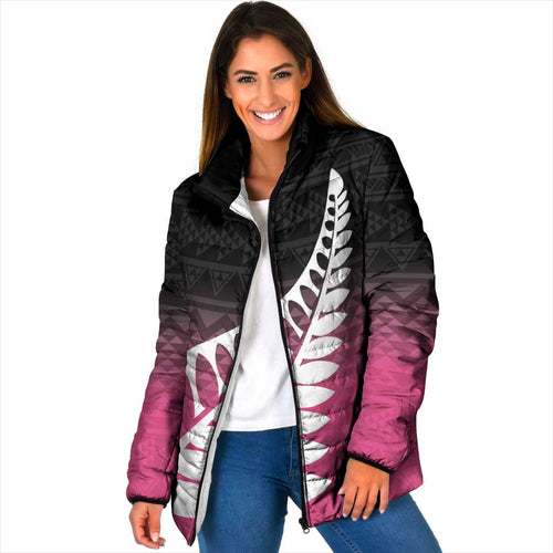 Pink Silver Fern Spirit Taniko Tukutuku Personalised Padded Jacket - Aussie Hoodie