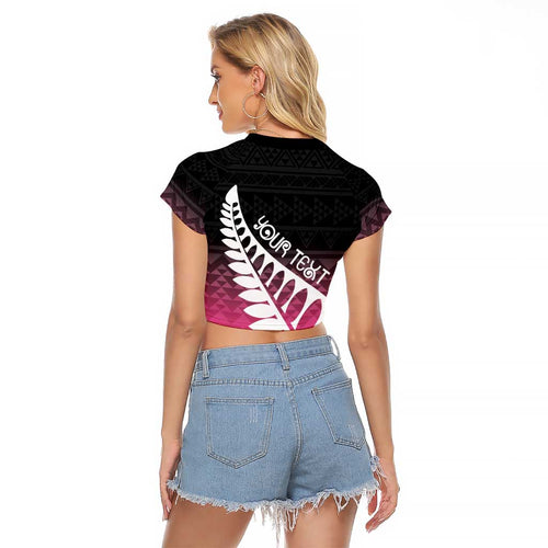 Pink Silver Fern Spirit Taniko Tukutuku Personalised Raglan Cropped T Shirt