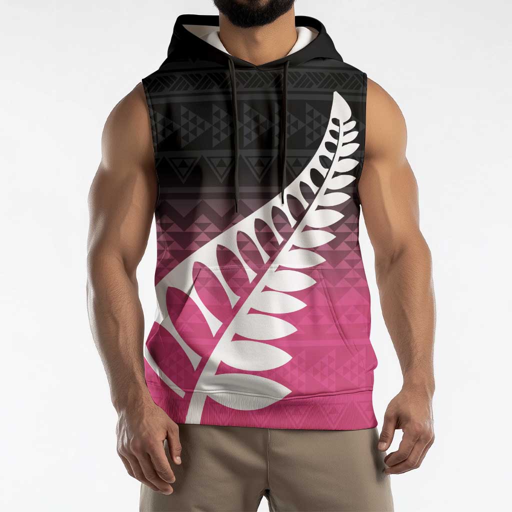 Pink Silver Fern Spirit Taniko Tukutuku Personalised Sleeveless Hoodie - Aussie Hoodie