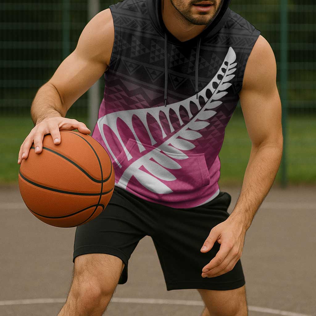 Pink Silver Fern Spirit Taniko Tukutuku Personalised Sleeveless Hoodie - Aussie Hoodie
