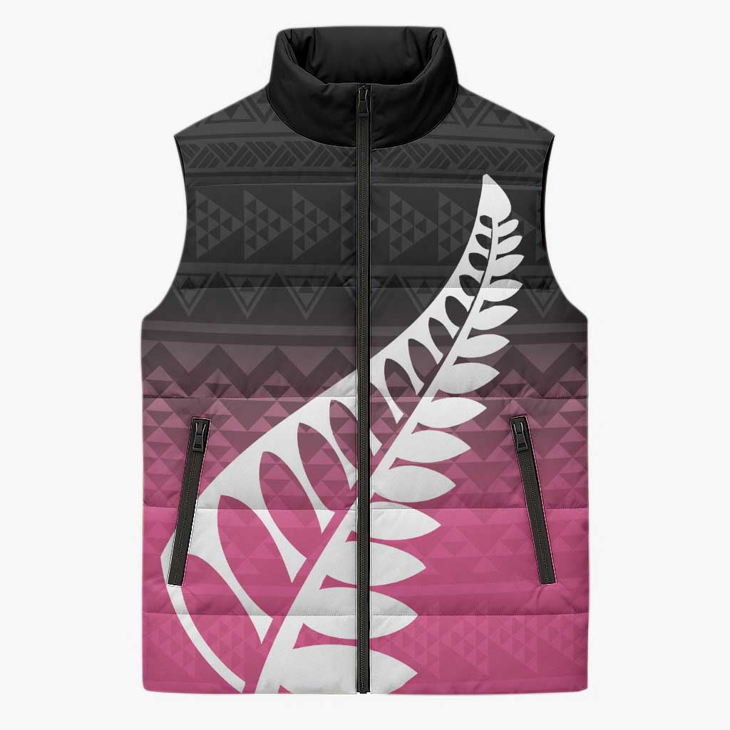 Pink Silver Fern Spirit Taniko Tukutuku Personalised Sleeveless Puffer Jacket - Aussie Hoodie