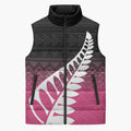 Pink Silver Fern Spirit Taniko Tukutuku Personalised Sleeveless Puffer Jacket - Aussie Hoodie