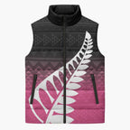 Pink Silver Fern Spirit Taniko Tukutuku Personalised Sleeveless Puffer Jacket - Aussie Hoodie