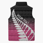 Pink Silver Fern Spirit Taniko Tukutuku Personalised Sleeveless Puffer Jacket - Aussie Hoodie