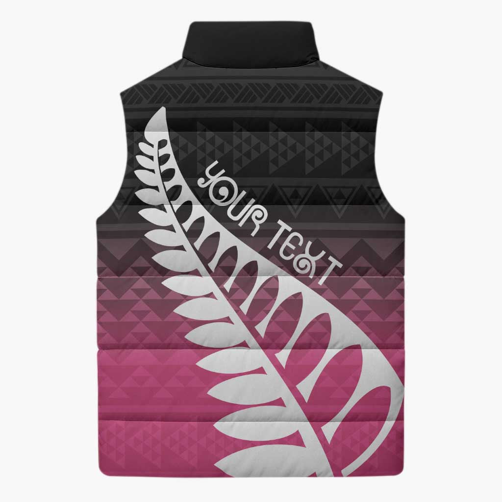 Pink Silver Fern Spirit Taniko Tukutuku Personalised Sleeveless Puffer Jacket - Aussie Hoodie