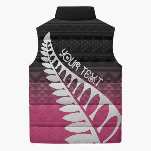 Pink Silver Fern Spirit Taniko Tukutuku Personalised Sleeveless Puffer Jacket - Aussie Hoodie