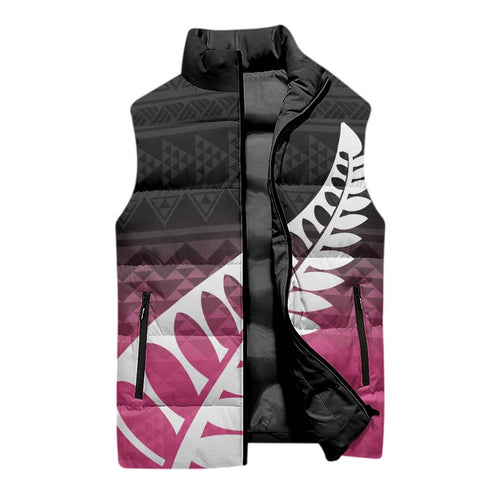 Pink Silver Fern Spirit Taniko Tukutuku Personalised Sleeveless Puffer Jacket - Aussie Hoodie