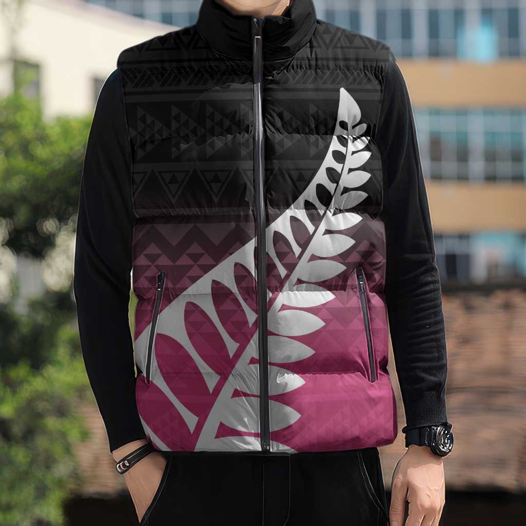 Pink Silver Fern Spirit Taniko Tukutuku Personalised Sleeveless Puffer Jacket - Aussie Hoodie