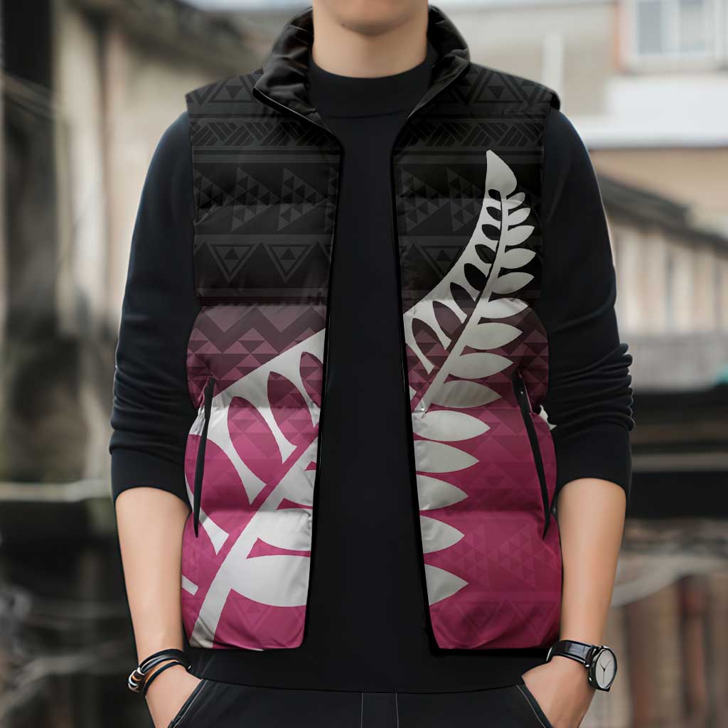 Pink Silver Fern Spirit Taniko Tukutuku Personalised Sleeveless Puffer Jacket - Aussie Hoodie