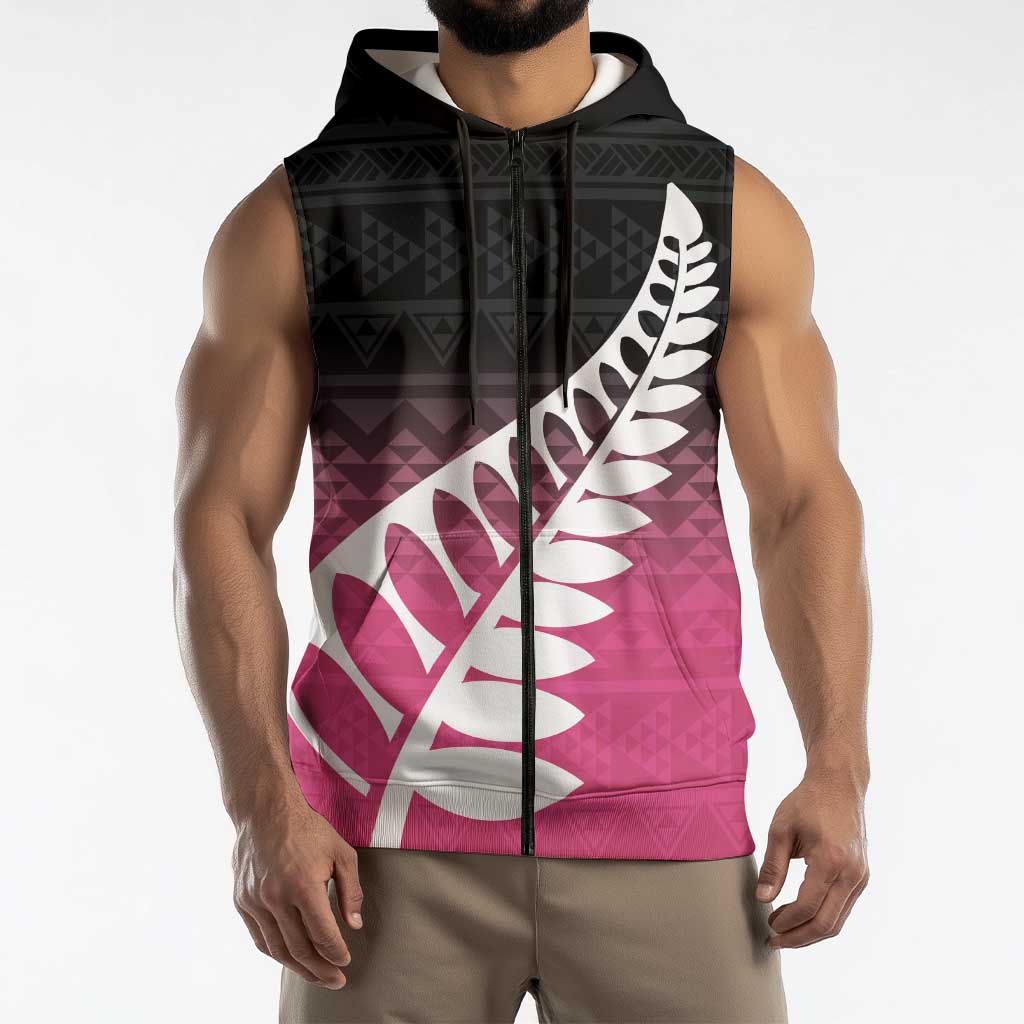 Pink Silver Fern Spirit Taniko Tukutuku Personalised Sleeveless Zip Hoodie LT9