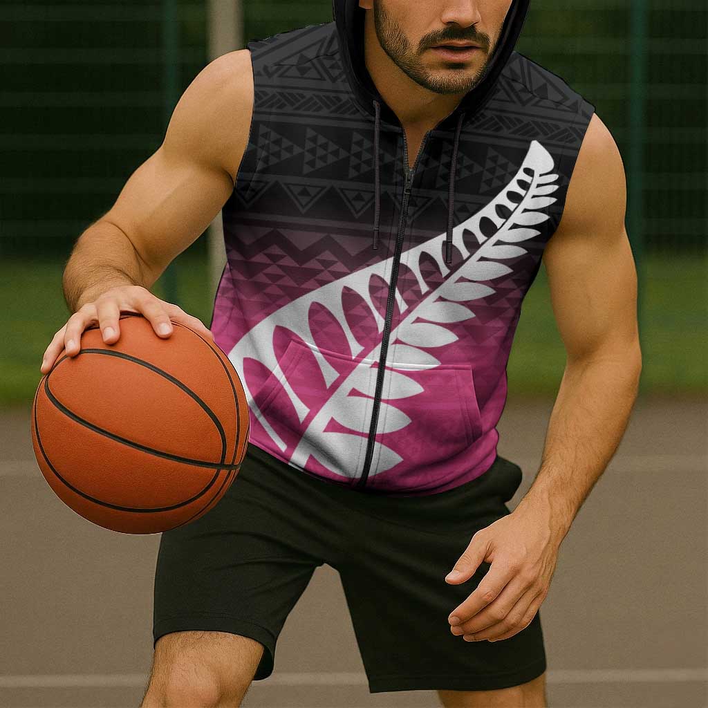 Pink Silver Fern Spirit Taniko Tukutuku Personalised Sleeveless Zip Hoodie LT9