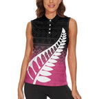 Pink Silver Fern Spirit Taniko Tukutuku Personalised Women Sleeveless Polo Shirt