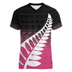Pink Silver Fern Spirit Taniko Tukutuku Personalised Women V-Neck T-Shirt