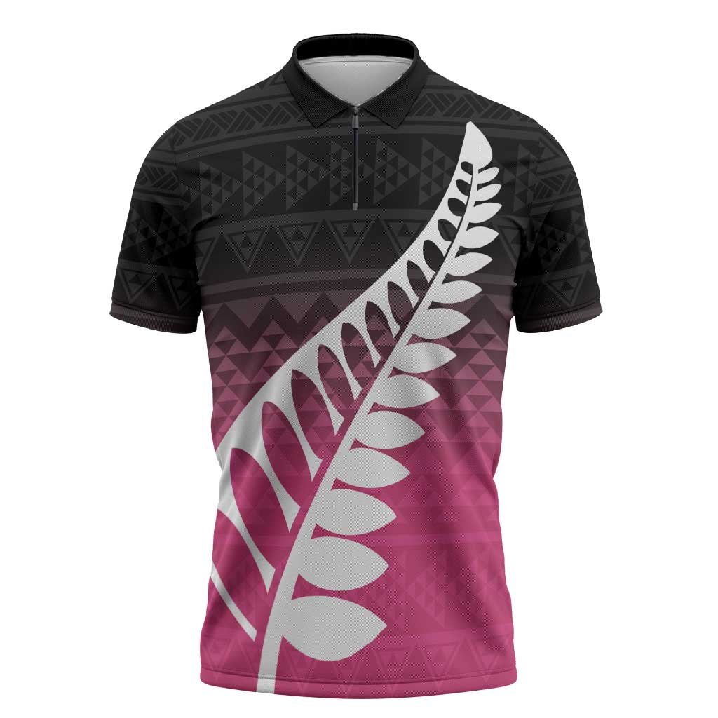 Pink Silver Fern Spirit Taniko Tukutuku Personalised Zipper Polo Shirt - Aussie Hoodie