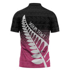 Pink Silver Fern Spirit Taniko Tukutuku Personalised Zipper Polo Shirt - Aussie Hoodie
