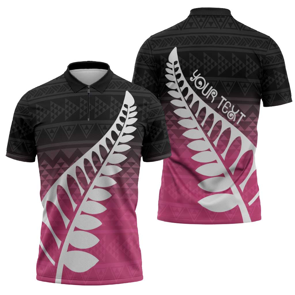 Pink Silver Fern Spirit Taniko Tukutuku Personalised Zipper Polo Shirt - Aussie Hoodie