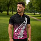Pink Silver Fern Spirit Taniko Tukutuku Personalised Zipper Polo Shirt - Aussie Hoodie
