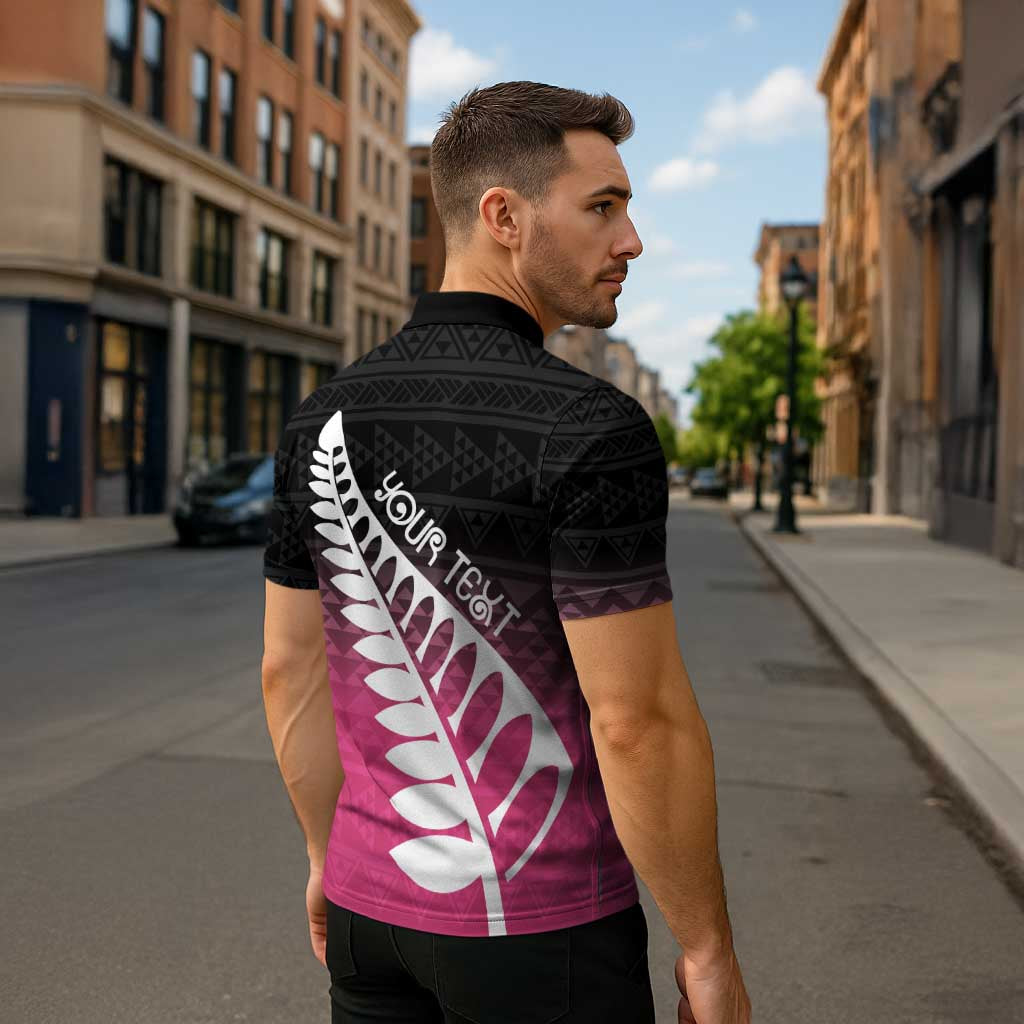 Pink Silver Fern Spirit Taniko Tukutuku Personalised Zipper Polo Shirt - Aussie Hoodie