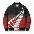 Red Silver Fern Spirit Taniko Tukutuku Personalised Bomber Puffer Jacket - Aussie Hoodie