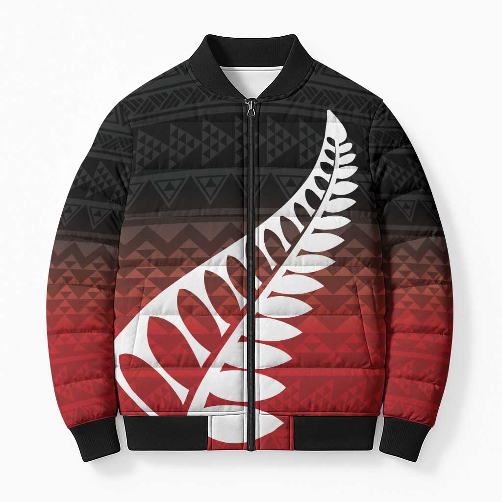 Red Silver Fern Spirit Taniko Tukutuku Personalised Bomber Puffer Jacket - Aussie Hoodie