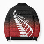 Red Silver Fern Spirit Taniko Tukutuku Personalised Bomber Puffer Jacket - Aussie Hoodie