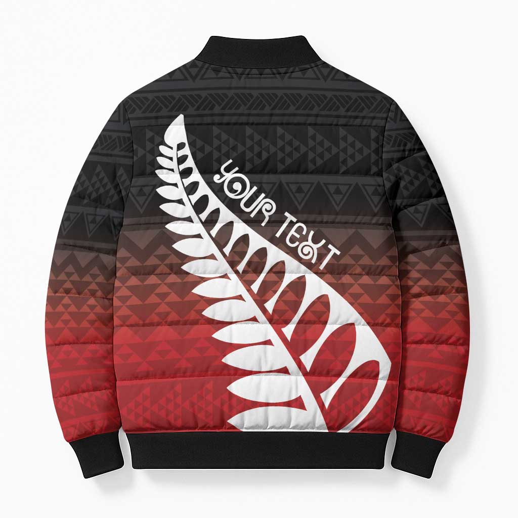 Red Silver Fern Spirit Taniko Tukutuku Personalised Bomber Puffer Jacket - Aussie Hoodie
