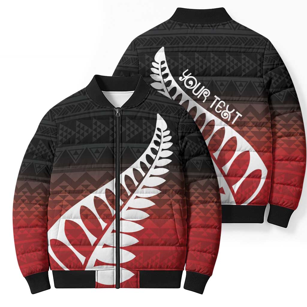 Red Silver Fern Spirit Taniko Tukutuku Personalised Bomber Puffer Jacket - Aussie Hoodie