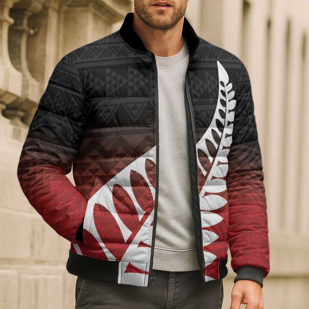 Red Silver Fern Spirit Taniko Tukutuku Personalised Bomber Puffer Jacket - Aussie Hoodie