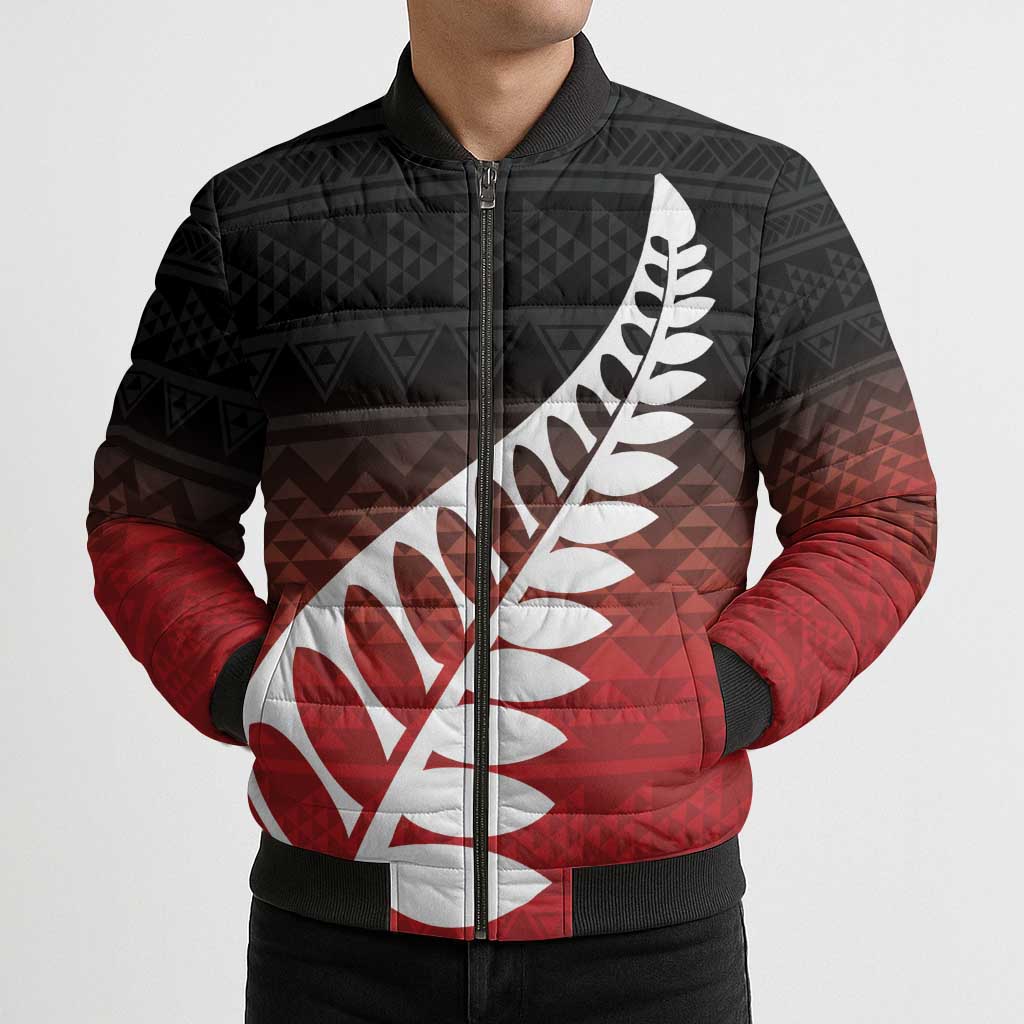 Red Silver Fern Spirit Taniko Tukutuku Personalised Bomber Puffer Jacket - Aussie Hoodie