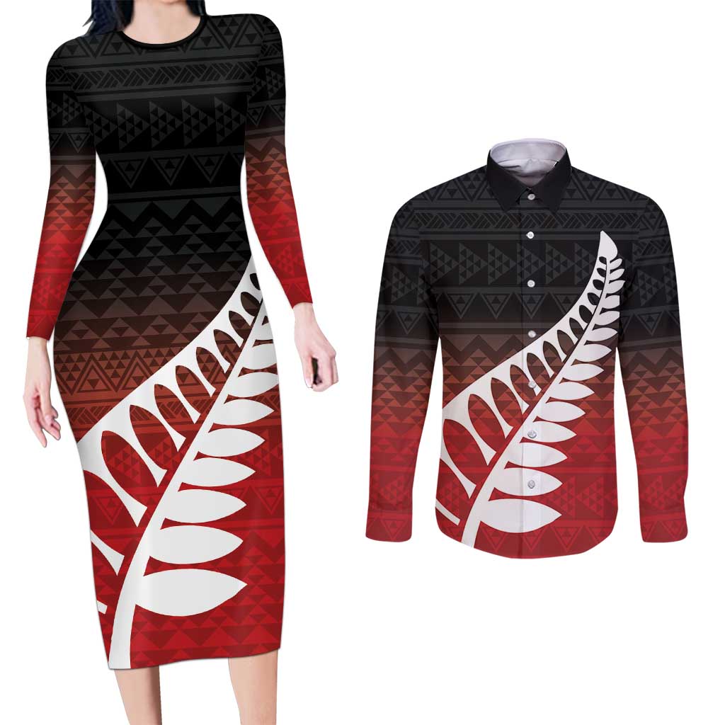 Red Silver Fern Spirit Taniko Tukutuku Personalised Couples Matching Long Sleeve Bodycon Dress and Long Sleeve Button Shirt