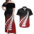 Red Silver Fern Spirit Taniko Tukutuku Personalised Couples Matching Off Shoulder Maxi Dress and Hawaiian Shirt