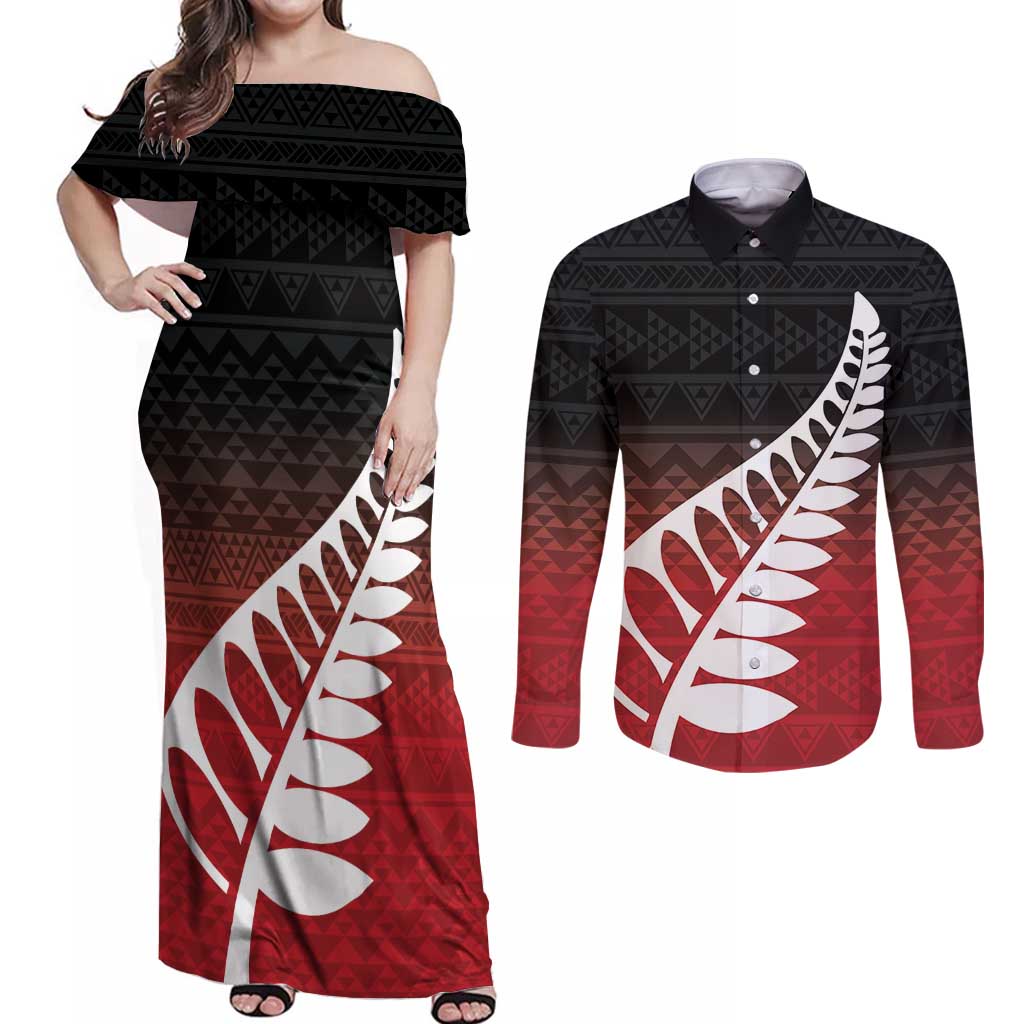 Red Silver Fern Spirit Taniko Tukutuku Personalised Couples Matching Off Shoulder Maxi Dress and Long Sleeve Button Shirt