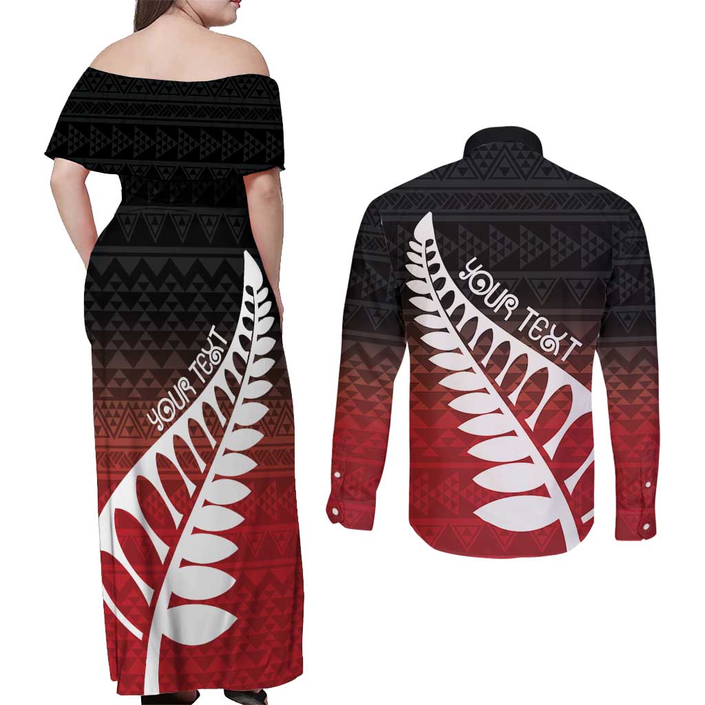 Red Silver Fern Spirit Taniko Tukutuku Personalised Couples Matching Off Shoulder Maxi Dress and Long Sleeve Button Shirt