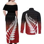 Red Silver Fern Spirit Taniko Tukutuku Personalised Couples Matching Off Shoulder Maxi Dress and Long Sleeve Button Shirt