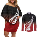 Red Silver Fern Spirit Taniko Tukutuku Personalised Couples Matching Off Shoulder Short Dress and Long Sleeve Button Shirt