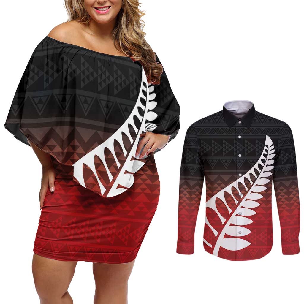Red Silver Fern Spirit Taniko Tukutuku Personalised Couples Matching Off Shoulder Short Dress and Long Sleeve Button Shirt