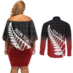 Red Silver Fern Spirit Taniko Tukutuku Personalised Couples Matching Off Shoulder Short Dress and Long Sleeve Button Shirt