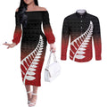 Red Silver Fern Spirit Taniko Tukutuku Personalised Couples Matching Off The Shoulder Long Sleeve Dress and Long Sleeve Button Shirt