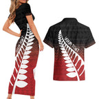 Red Silver Fern Spirit Taniko Tukutuku Personalised Couples Matching Short Sleeve Bodycon Dress and Hawaiian Shirt