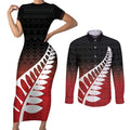 Red Silver Fern Spirit Taniko Tukutuku Personalised Couples Matching Short Sleeve Bodycon Dress and Long Sleeve Button Shirt