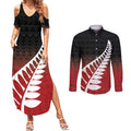 Red Silver Fern Spirit Taniko Tukutuku Personalised Couples Matching Summer Maxi Dress and Long Sleeve Button Shirt