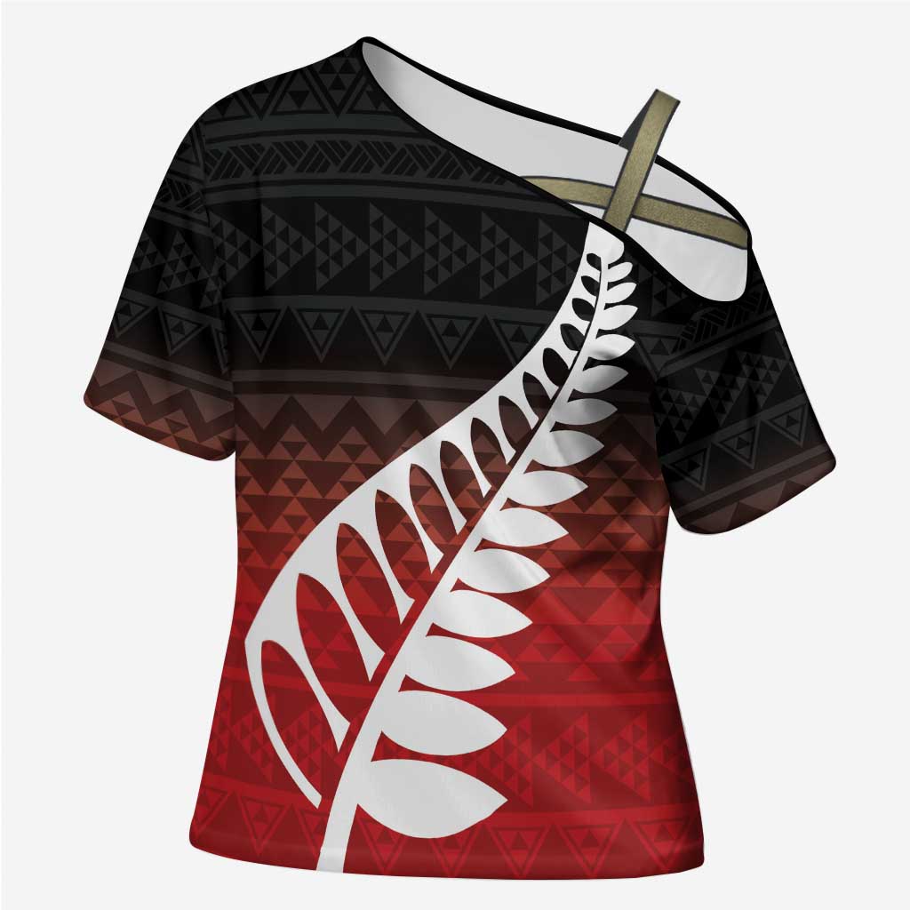 Red Silver Fern Spirit Taniko Tukutuku Personalised Cross Shoulder Shirt - Aussie Hoodie